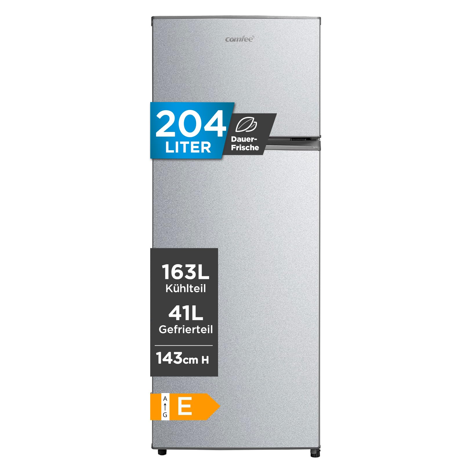 Comfee RCT284DS2 Kühl-/Gefrierkombination/Gefrierteil oben/176 kWh/Jahr/143cm Höhe/LED Licht/Reversibles Türscharnier/Silber