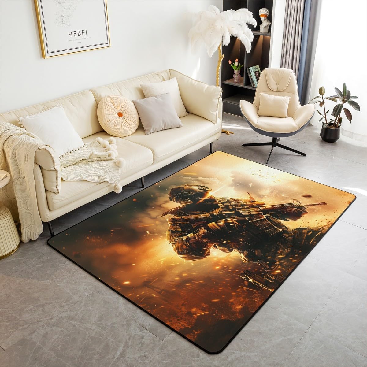 American Soldier Living Room Rugs 3x5 Army Rifle Machine Area Rug for Kids Teen Camo Soldiers Lover Carpet Runner Non Slip Military Themed Decorative Accent Rug Bedroom Decor