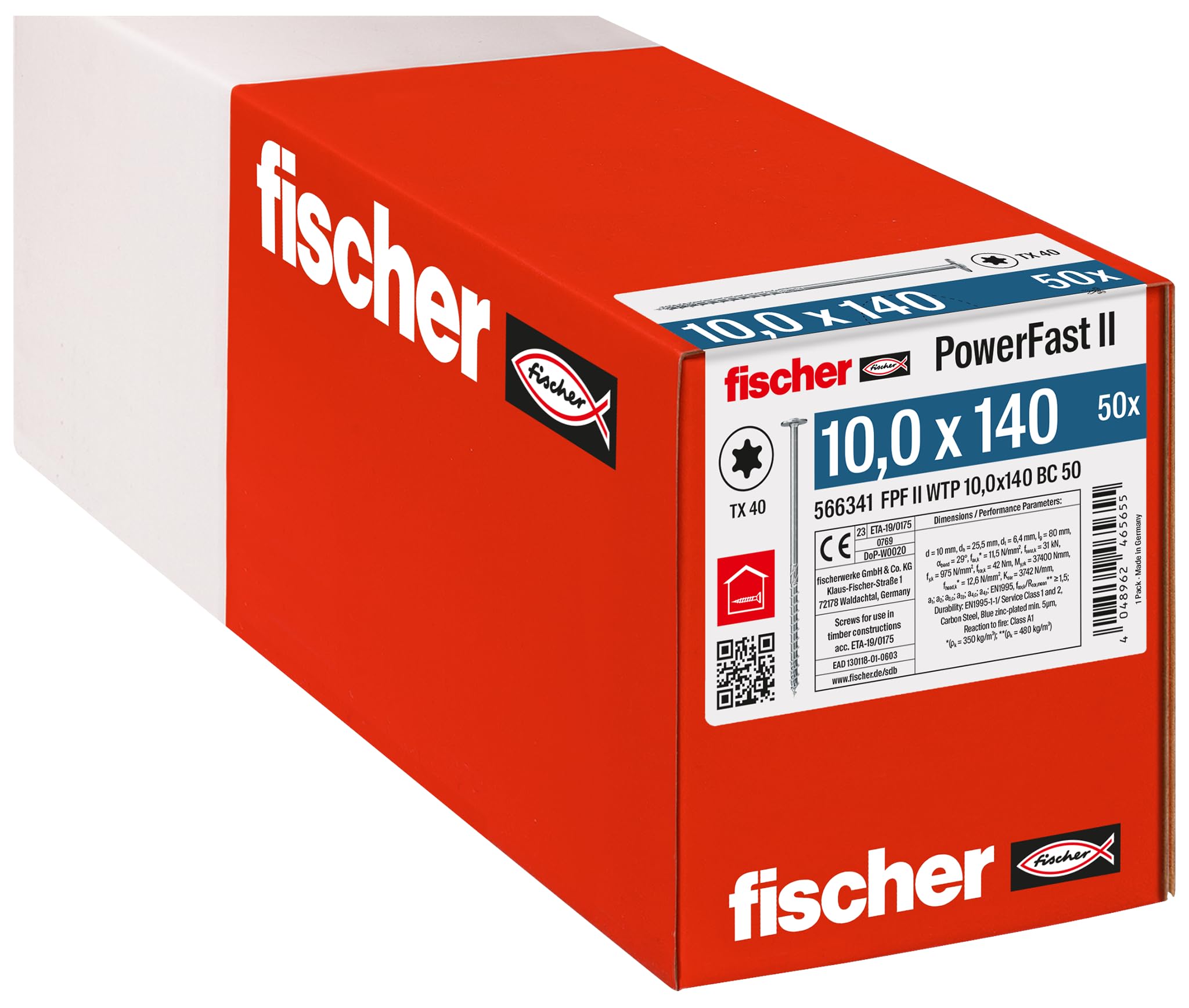 fischer PowerFast II WTP 10.0 x 140, Powerful Wood Screws with Flat Head, Inner Star Receptacle and Partial Thread