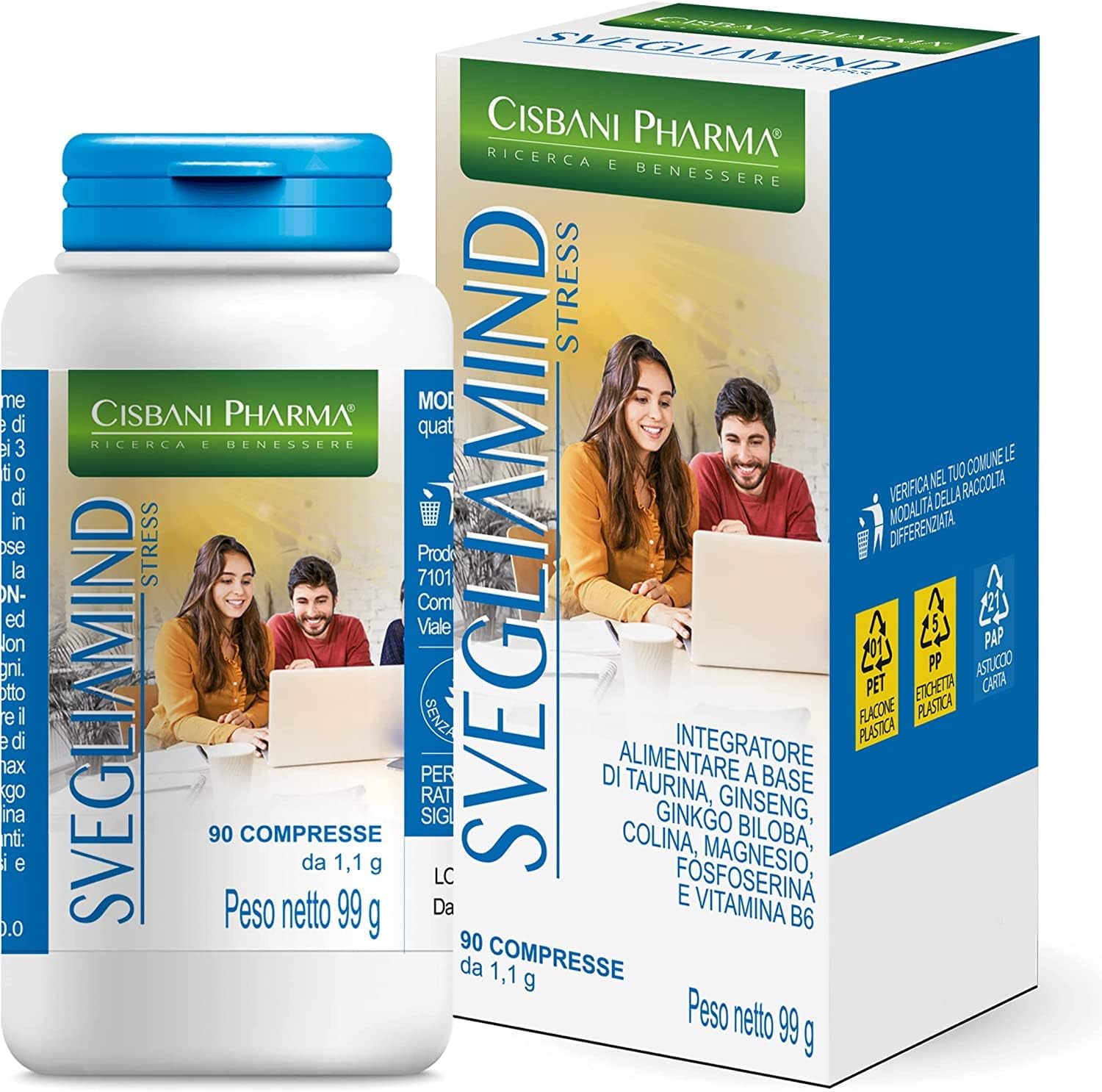 CISBANI PHARMA SVEGLIAMIND, Integratore Nootropico per Concentrazione e Memoria - 90 compresse con Ginkgo Biloba, Fosforo, Magnesio, Taurina, Ginseng, Vitamina b6 e Colina, Riduce la stanchezza