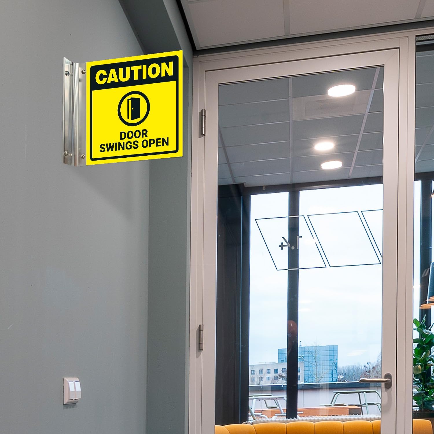 Caution Doors Swings Open Projecting Sign, Double Sided, 6x6 Inches, ACM, with Brushed Nickel Accessory, Made in USA