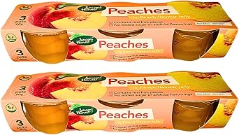 Seasons Harvest Peaches in Peach Flavour Jelly 6 Pots   2 x 3 Pack 90g Each   Ready to Eat Fruit Dessert   Includes Gifty Goodness Shopping List