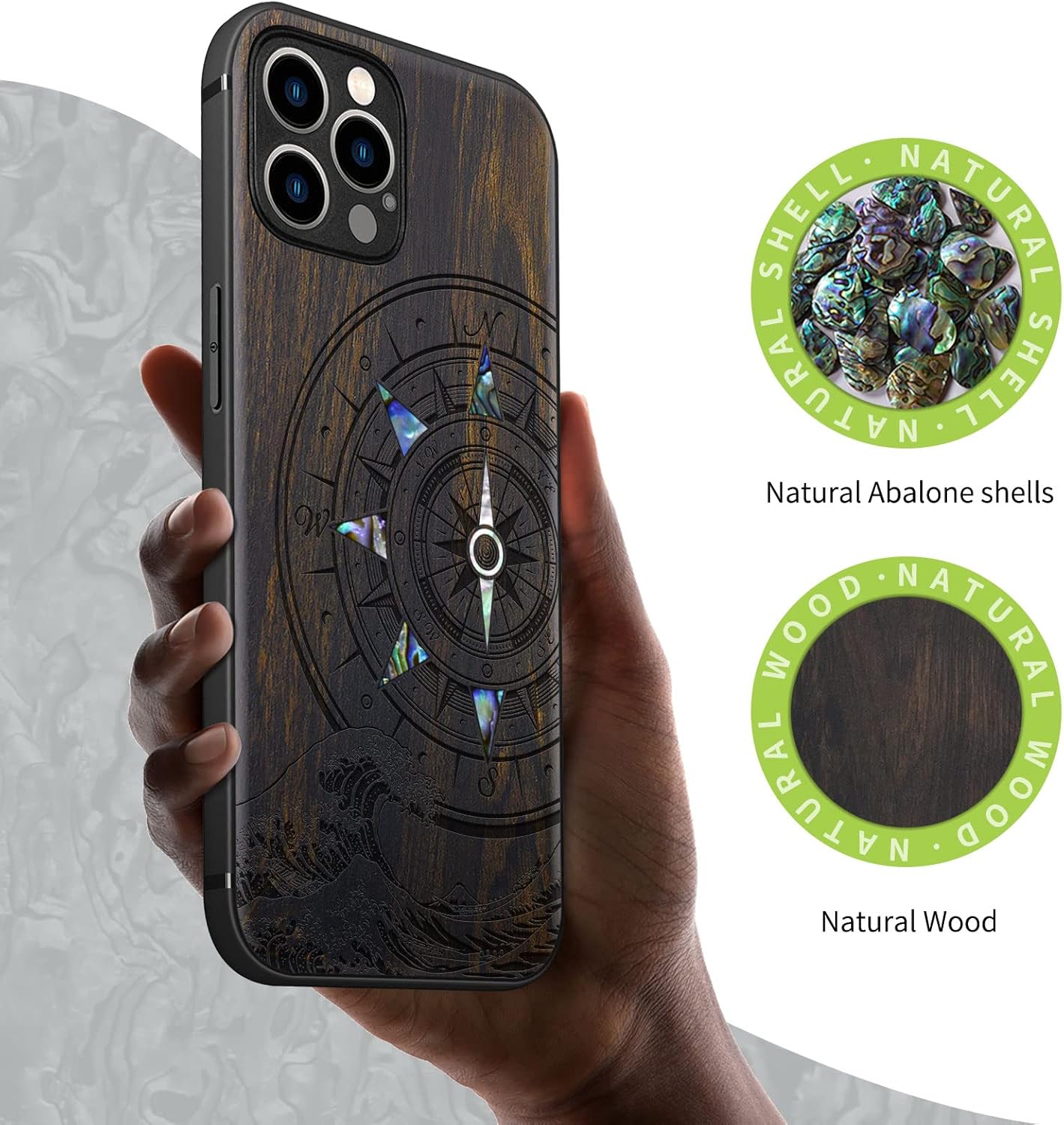 Carveit Designer Wooden Protective Case for iPhone 12 Pro Max Magnetic Cover [Wood Engraving & Shell Inlay] Wood Phone Case Compatible with 12 Pro Max MagSafe (Sea Wave Compass-Blackwood)