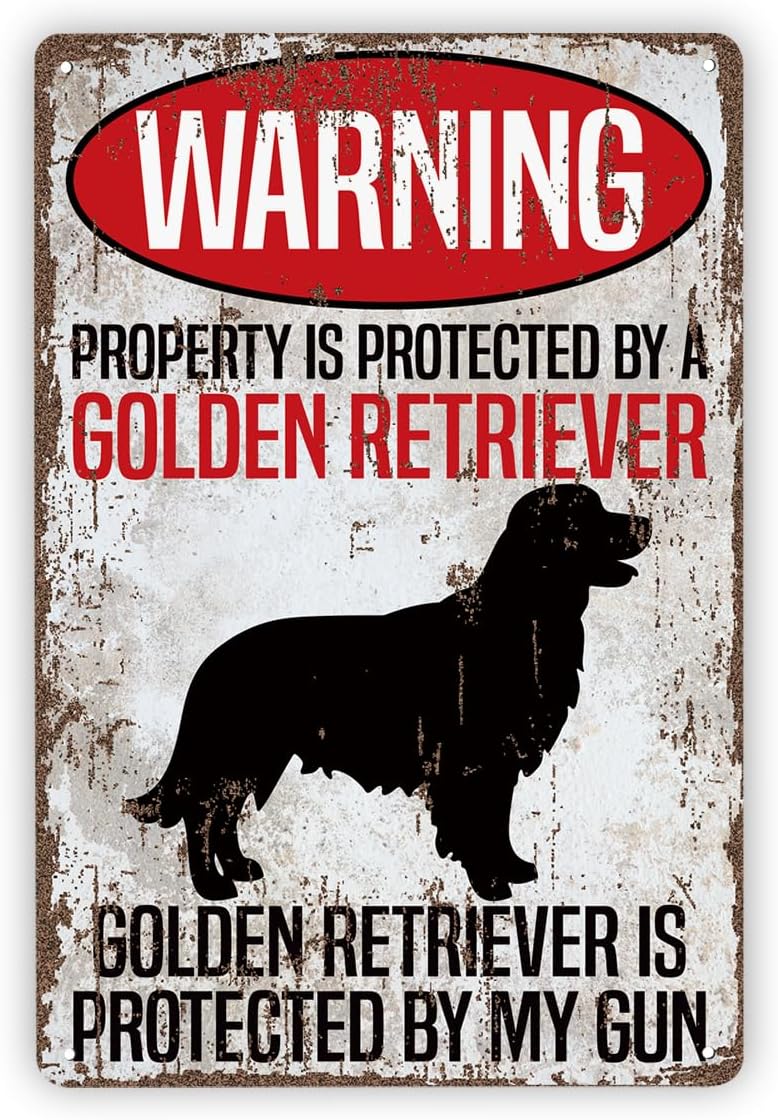 Vintage Metal Tin Signs, Funny Metal Beware of Dog Signs, Dogs Warning Sign, Dog Lovers Gift, Gold Retriever Gift, Protected by Golden, Courtyard Porch Decor, Funny Yard Sign, 11.8 * 7.9Inch