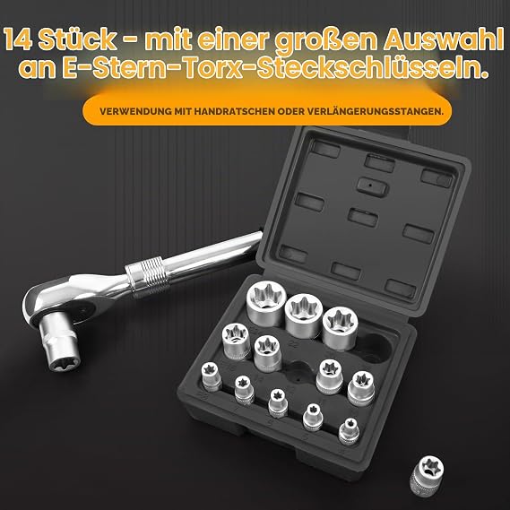 14-Piece E-Torx Socket Set External Torx Socket Set E4 E5 E6 E7 E8 E10 E11 E12 E14 E16 E18 E20 E22 E24 External Torx Sockets 1/2 inch 1/4 inch 3/8 inch (Black)