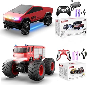 1/28 Gesture Sensing RC Stunt Car for 6-12+ Boys Girls, Seven Light Modes Cool RC Cars & 1/18 Remote Control Fire Truck Toy for Kids, 2.4GHz All Terrain RC Car with LED Lights & Sound