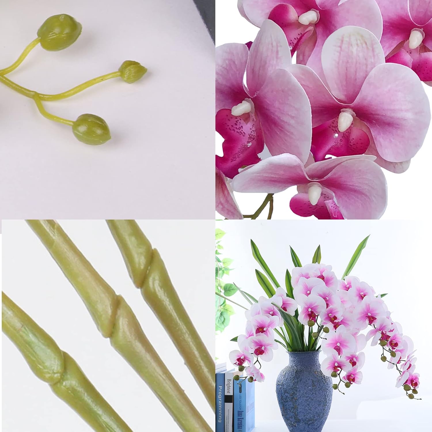 HinyoCo 5 Pcs Artificial Orchid Flowers,Artificial Phalaenopsis Flowers 32 Inch Stem Plants for Home Wedding Decoration (White Flower Purple Core)
