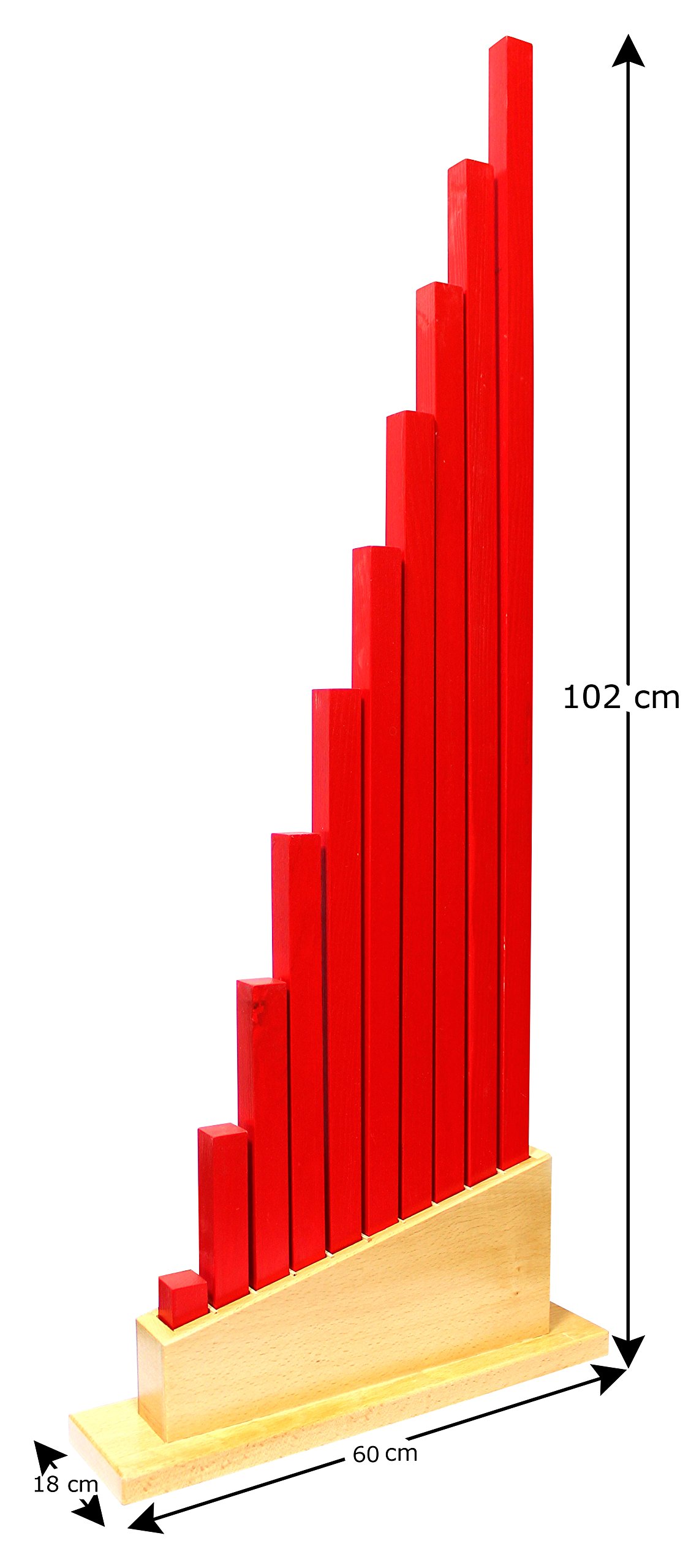 edu fun 91110 Montessori Red Long Rods Holz Stangen rot mit Aufbewahrungsständer pädagögisches Lernspielzeug für Kinder ab 3 Jahren 10 längliche Holzstangen von 10 cm - 100 cm Holzspielzeug
