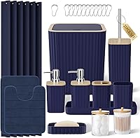 25PC Blue Bathroom Set with Shower Curtain, Rugs, Trash Can & Durable Plastic Accessories - Complete Elegant Ensemble