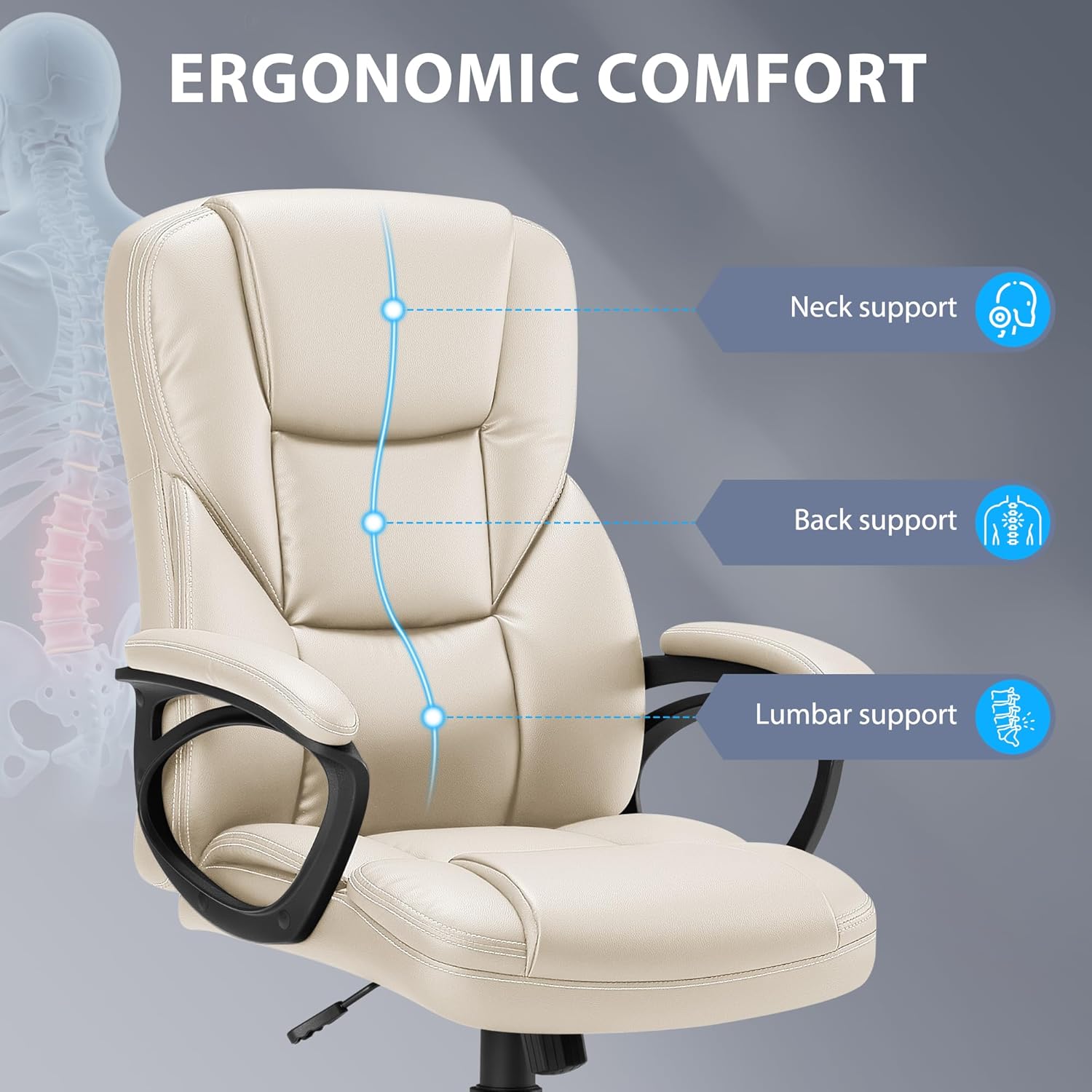 Shahoo Ergonomic Office Chair Executive Adjustable Desk Chair with Flip-up Armrests PU Leather Swivel Computer Chair for Home Office Gaming, Lumbar Support Space Saving 300lbs Capacity, Begie