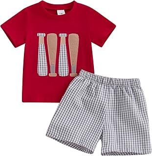Baseball Toddler Baby Boy Girl Clothes Baseball Bat Embroidery Short Sleeve T Shirt Plaid Shorts Set Infant Clothes - Buy now