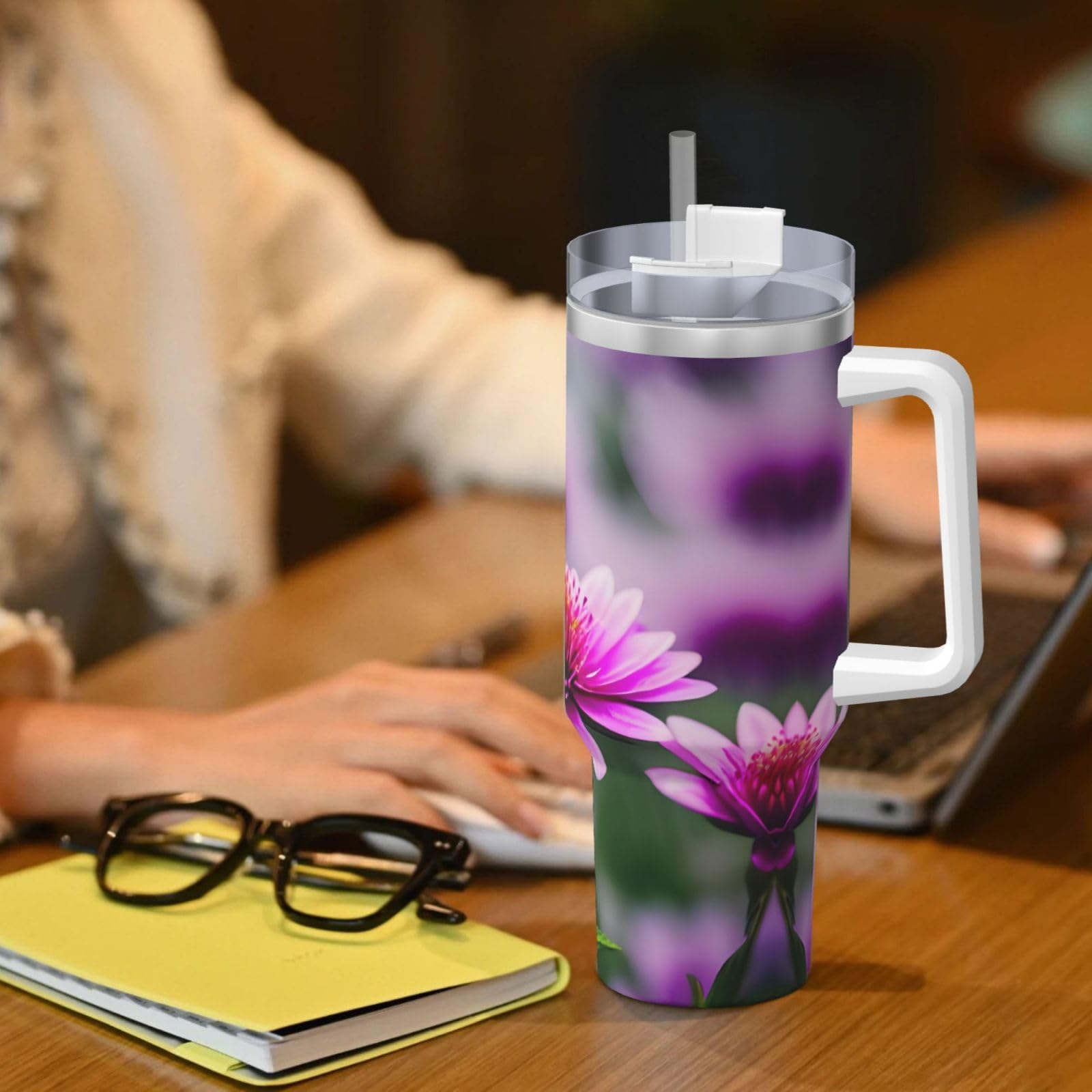 Trinkflasche aus Edelstahl, doppelwandig, isoliert, mit Griff und Strohhalm-Deckel, 1,2 l, Pink Flower Purple Butterfly 1