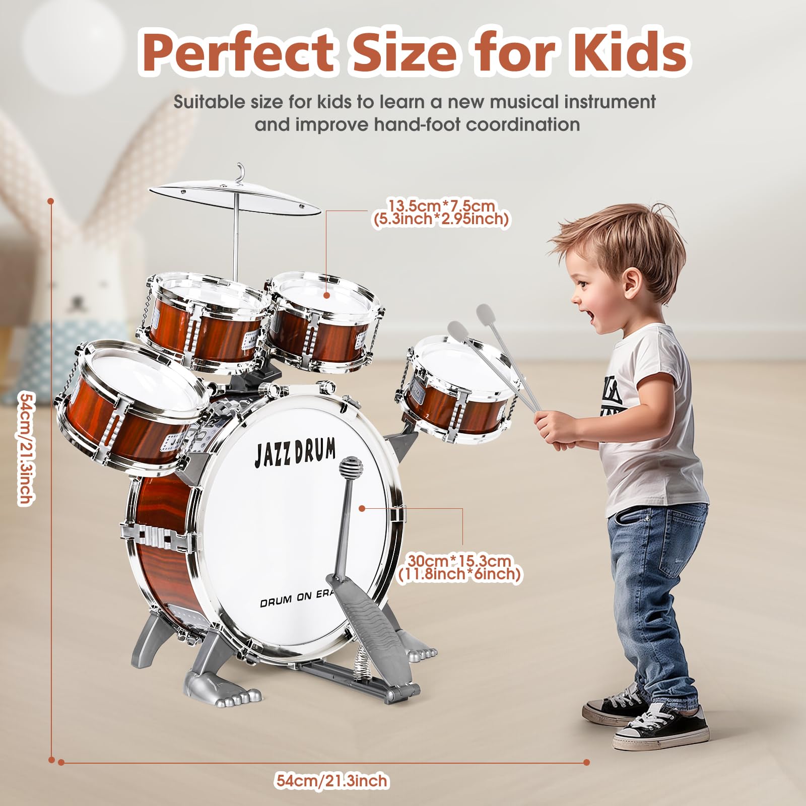 Batteria per Bambini, Set Batteria Jazz Strumento Musicale 5 Tamburi con Sgabello, Toddler Drum Set Musicale Percussione Giocattolo Regalo per Bambini 3 4 5 Ragazzi e Ragazze