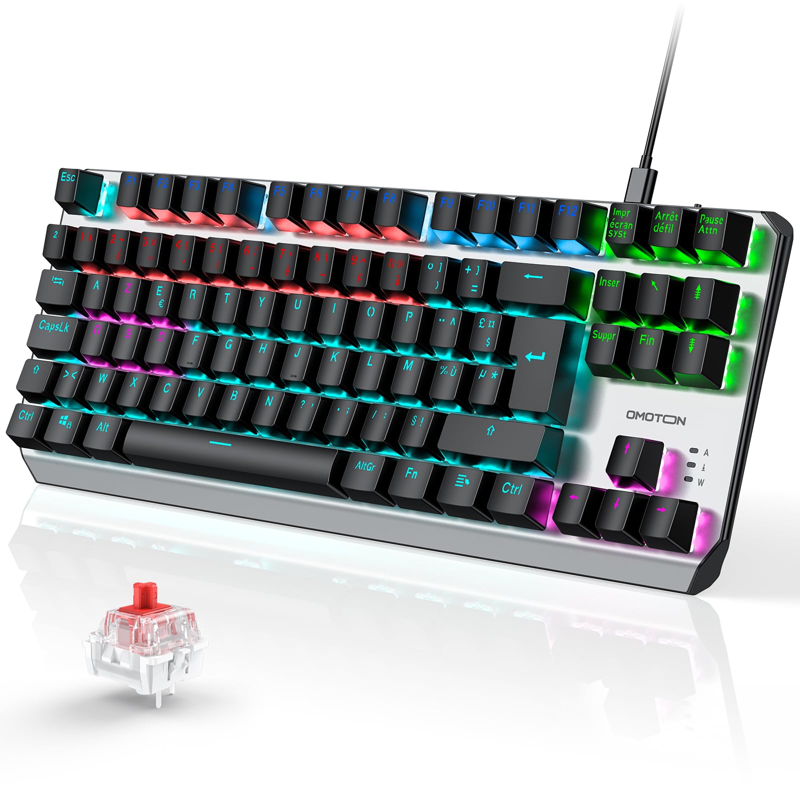 OMOTON Mechanische Gaming-Tastatur mit USB-Anschluss, 80% TKL Mechanische Gaming-Tastatur mit Hintergrundbeleuchtung und roten Schaltern, Anti-Ghosting, französische AZERTY-Tastaturbelegung für PC/Wi