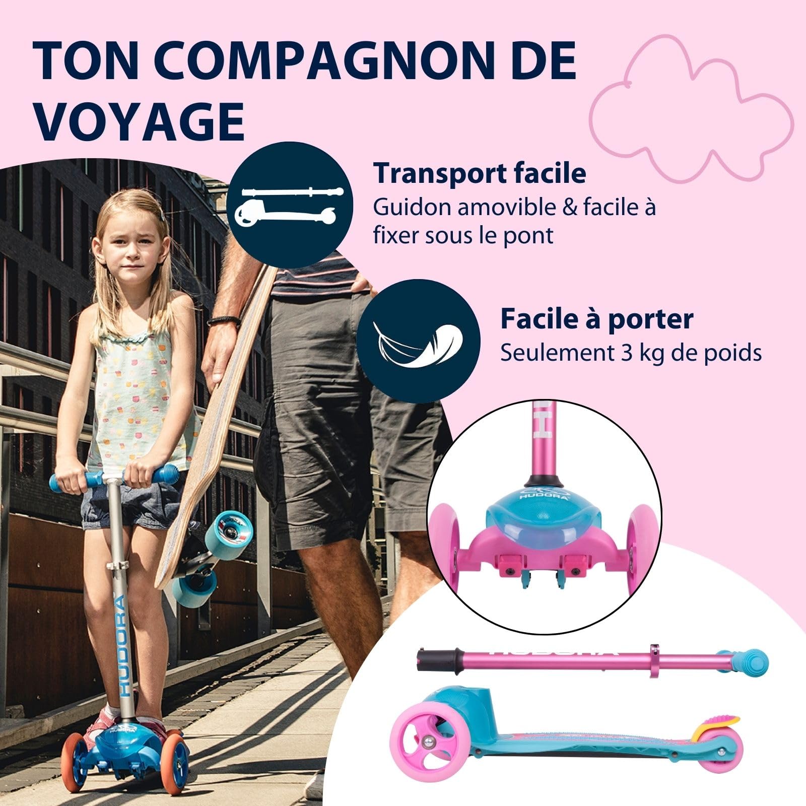 HUDORA Scooter Flitzkids 2.0 - Trottinette Stable avec Une Grande Plateforme - Réglable en Hauteur et transportable - Mini-Trottinette à Trois Roues en Aluminium pour Enfants jusqu'à 50kg - Wonders