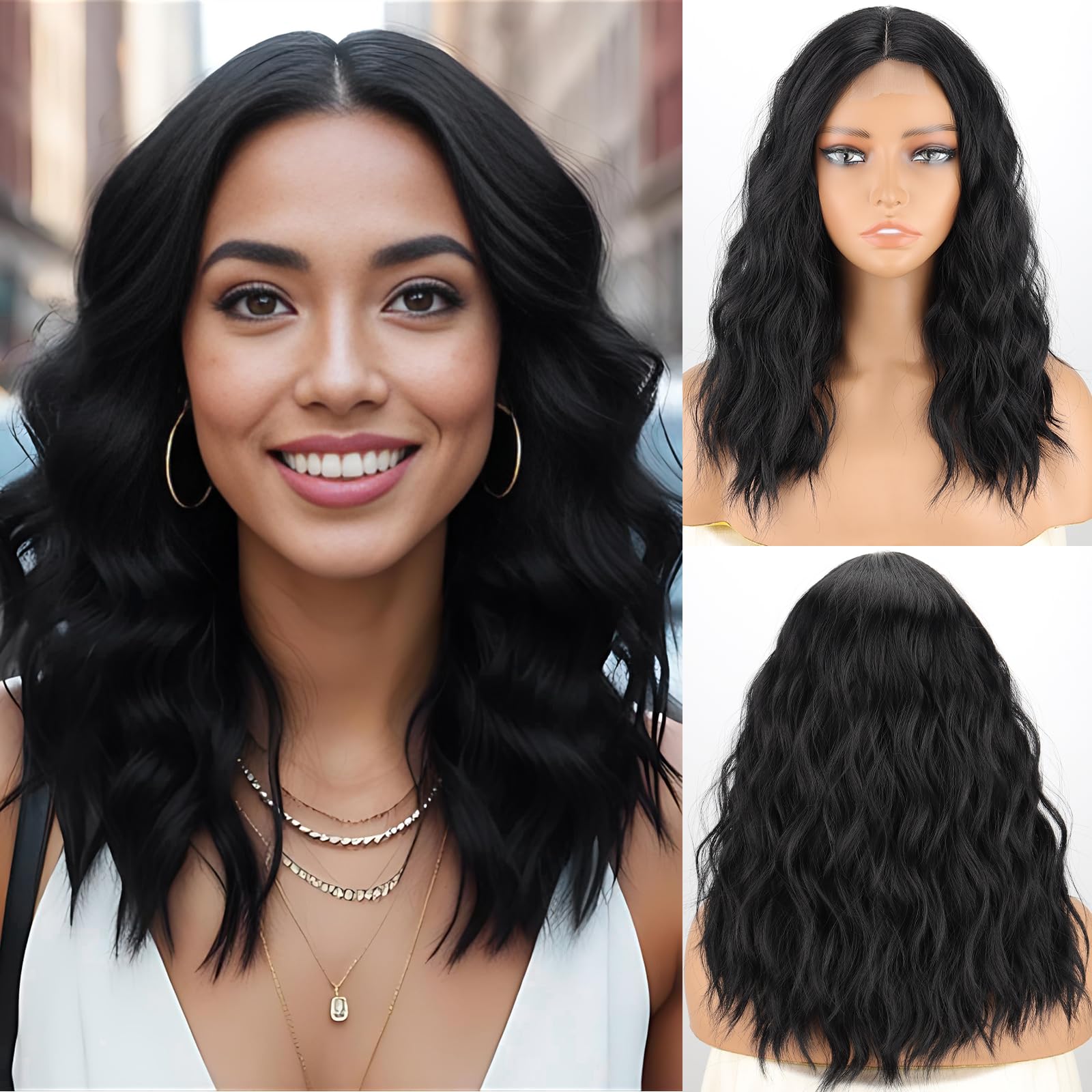 MISSQUEEN Medium Length Wavy Bob Wig, Heat-Resistant Synthetic Hair