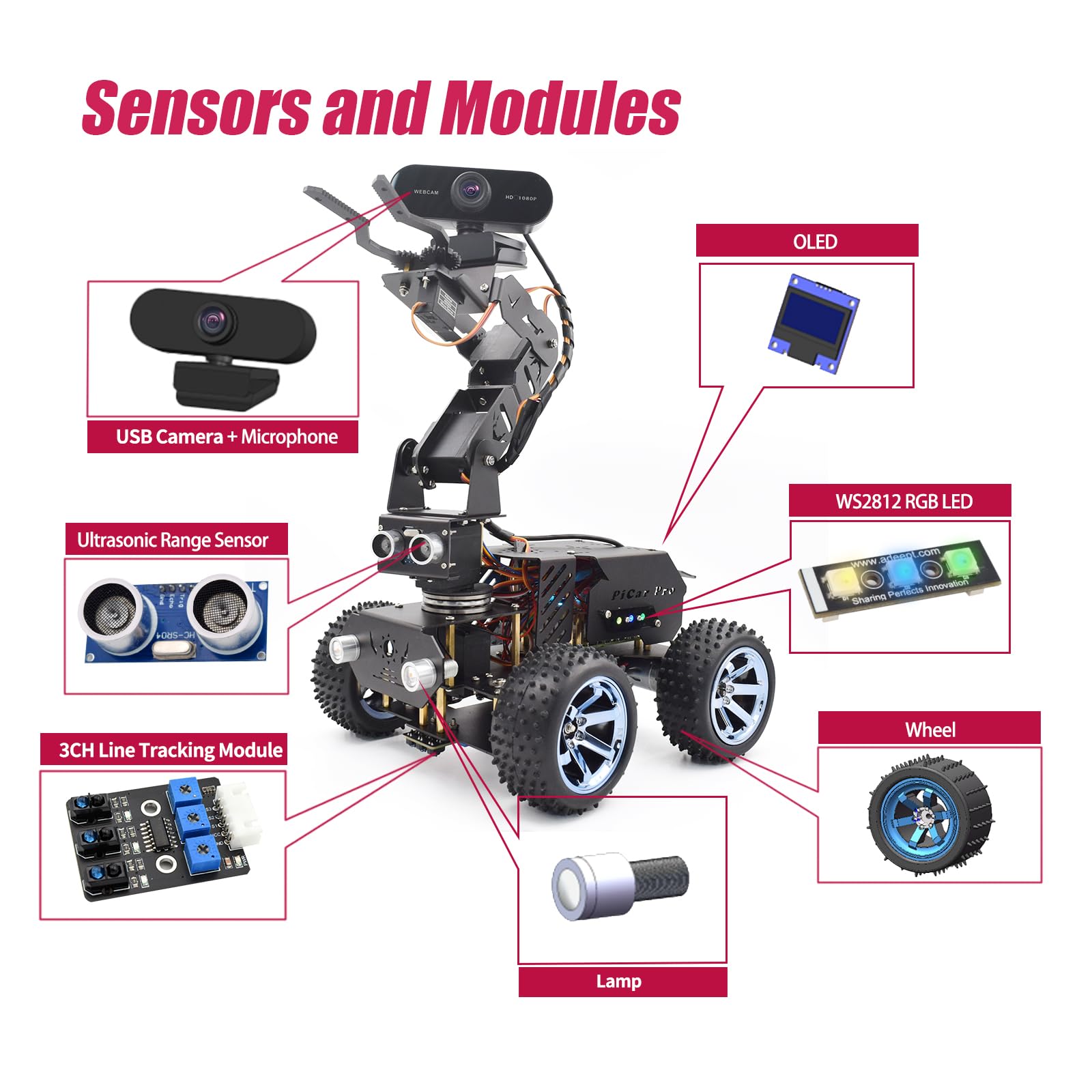 Adeept Zestaw robotyki PiCar Pro V2 (Raspberry Pi nie jest wliczony w cenę), 4 DOF ramię robota inteligentny samochód dla Pi 5/4/3, kamera HD 1080P, OpenCV, zapobieganie przeszkodom, śledzenie linii