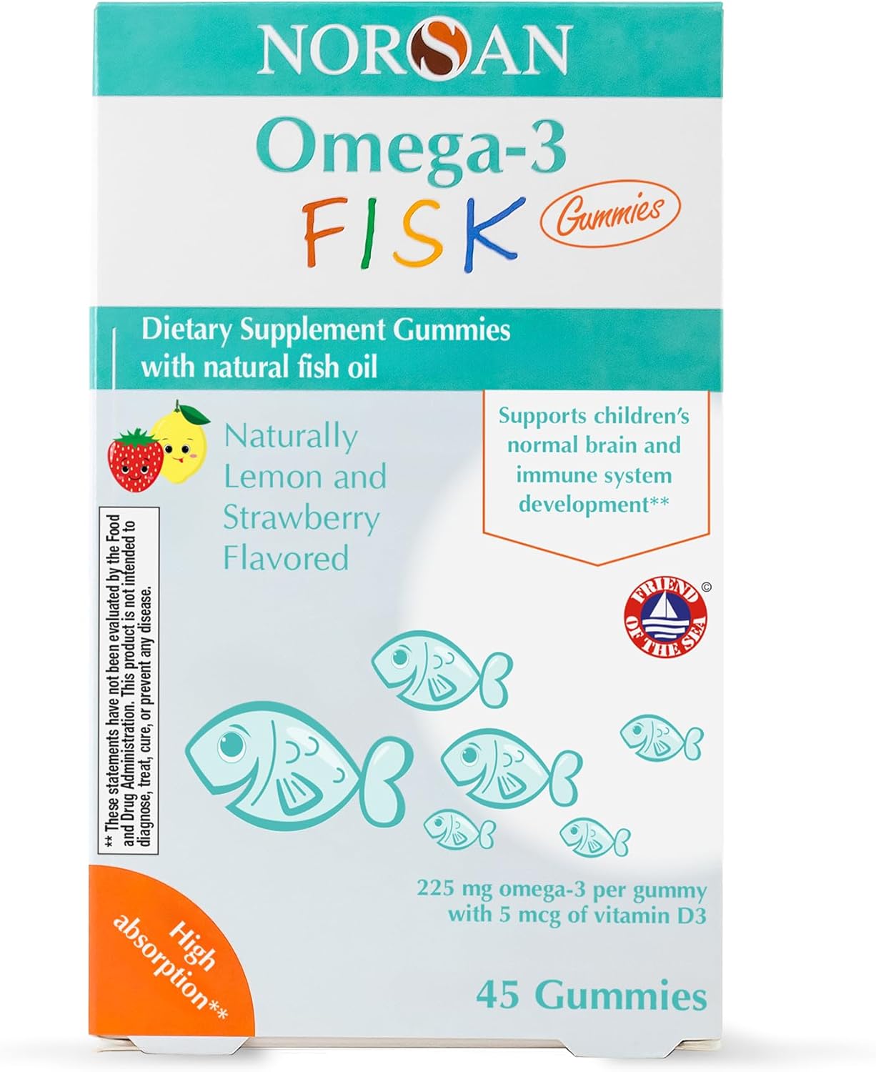 NORSAN Fisk Premium Omega-3 Kids Gummies 45pcs – High Dose 900mg Omega-3 per Serving | Easy to Consume and Without Unpleasant Regurgitation | No Added Sugar | Supports Heart, Brain & Vision*