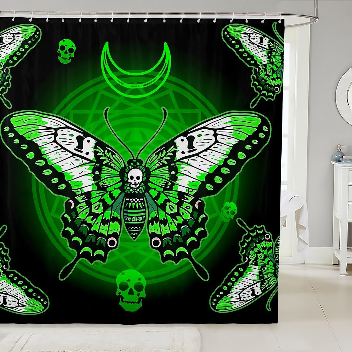 Erosebridal Boho Moth Shower Curtain Sugar Skull Bath Curtain Halloween Gothic Skeleton Bathtub Shower Curtain Galaxy Starry Sky Shower Stall Curtain Boys Teens, Green White Black 72" W x 84" L