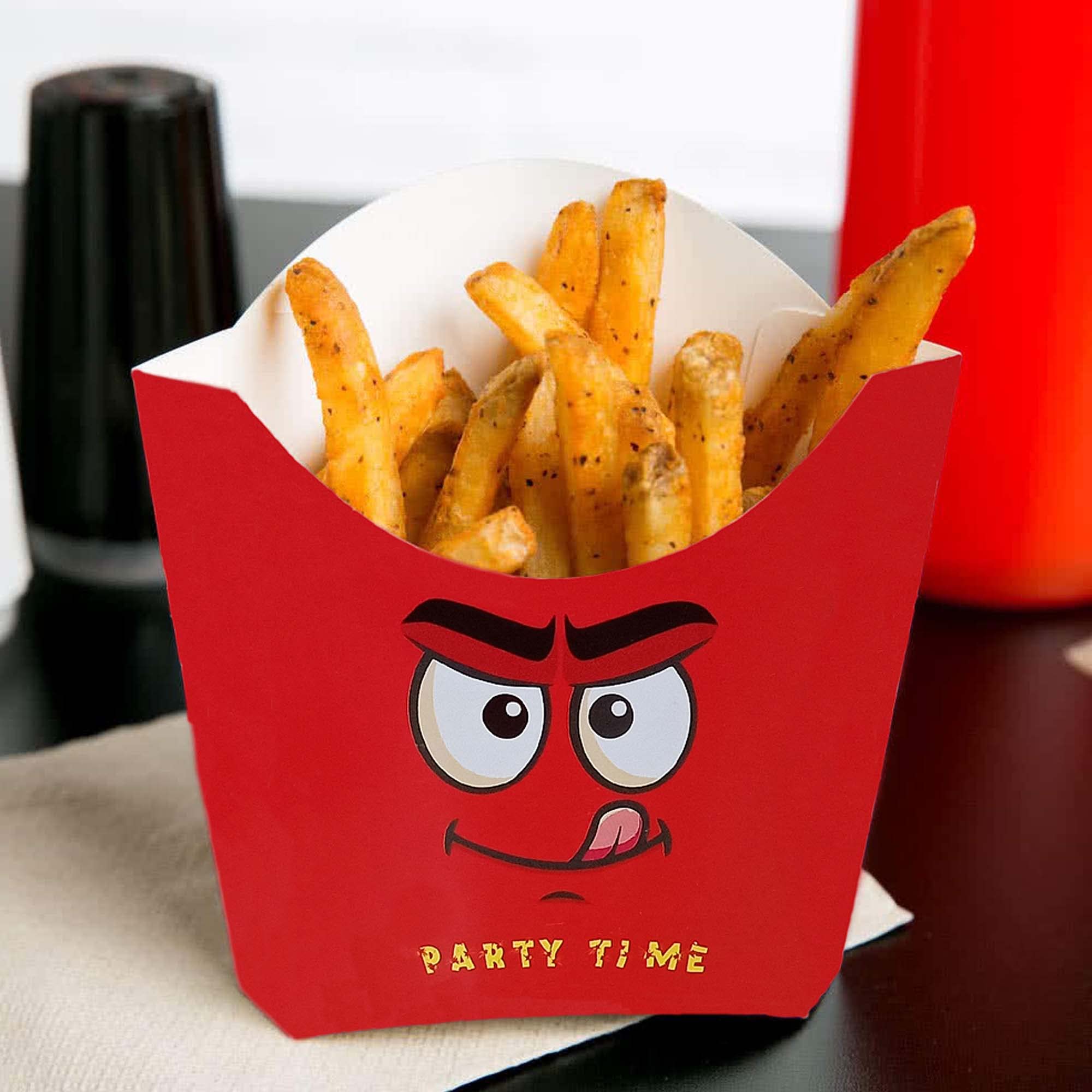 LINE 'N' CURVES 250 Pieces Red Printed SBS Board French Fries Tub Bio-degradable Disposable French Fries Container Snack Holder Cup for Party, Picnic, Delivery & Takeaway, 3.5x1.75x4 inch 4