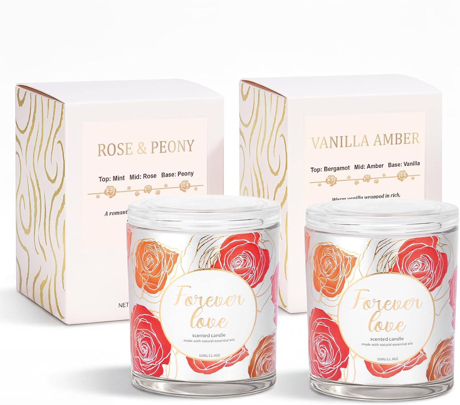 2 Pack Wood Wick Soy Wax Candle Gift Set for Women, Rose & Peony and Vanilla Amber, 11.3 Oz Each, Individually Boxed