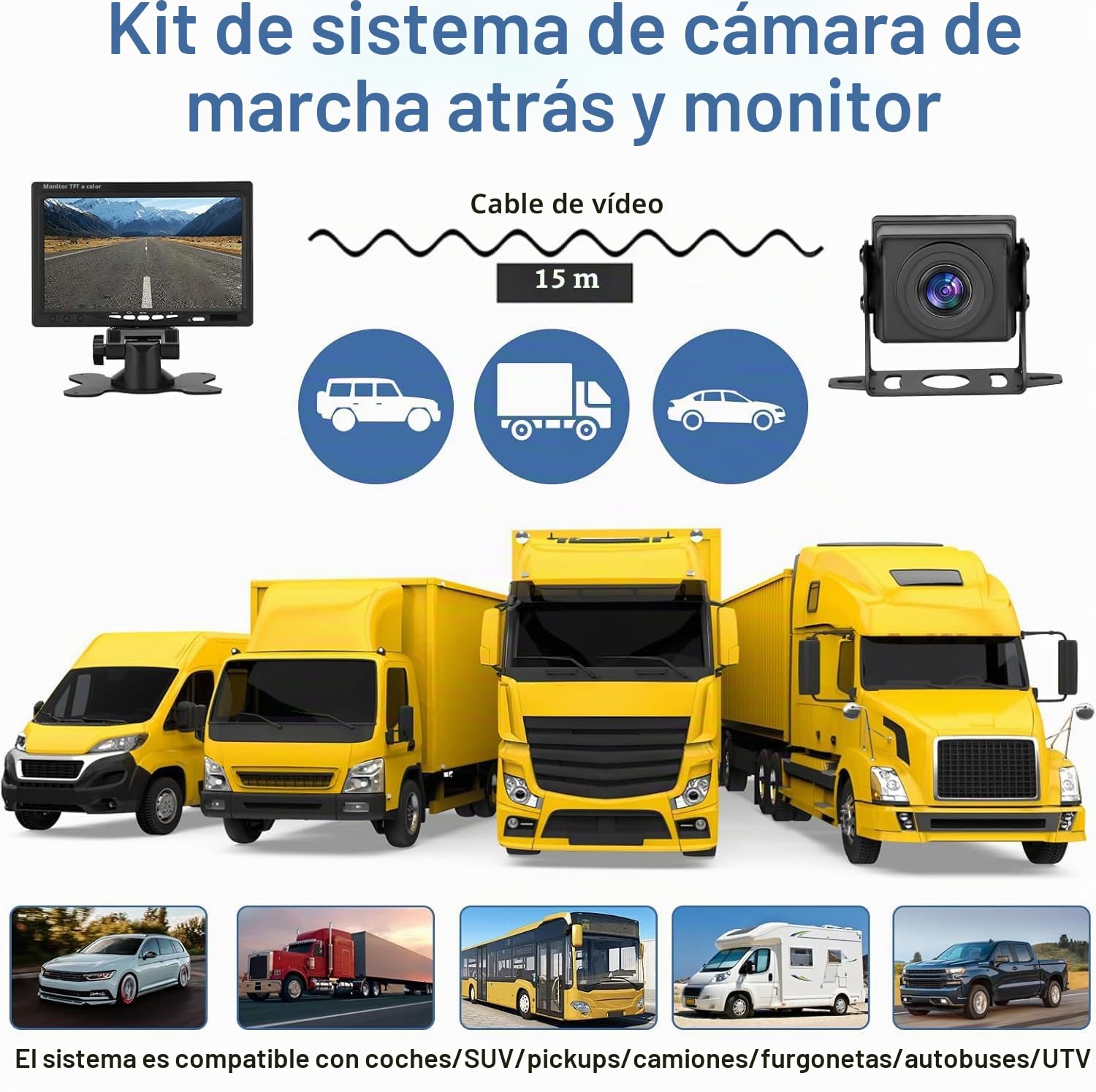 Juego de cámara de visión Trasera con Pantalla Trasera HD de 7 Pulgadas, IP69, Resistente al Agua, visión Nocturna, para Bus/RV/Camión/Remolque/Camioneta/SUV/Caravana.