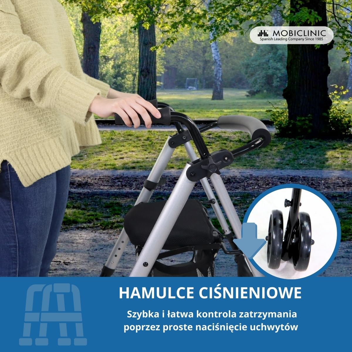 Podpórka czterokołowa | aluminium | Siedzisko i oparcie | ciśnienie hamowania | 4 koła | Premium | Dehesa | Mobiclinic