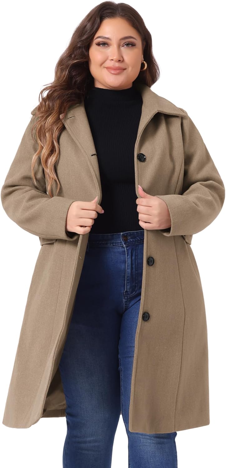Agnes Orinda Women's Plus Size Single Breasted Belted Winter Long Coat
