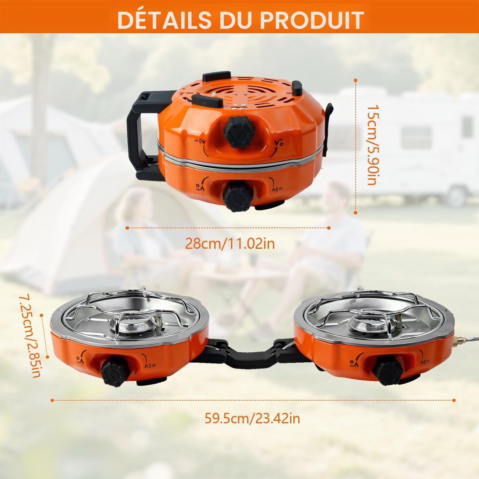 Réchaud de Camping à 2 Brûleurs, Réchaud à Gaz à 2 Feux Pliable avec Allumage Piézoélectrique, pour Barbecue en Plein Air, Randonnée et Urgences, Sac de Transport et Pare-vent Inclus