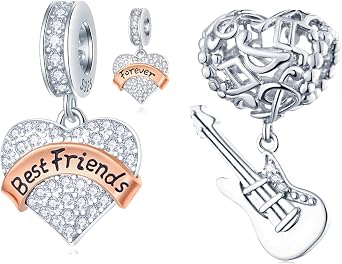GEMDAZZ 2pcs Set Best Friend Forever Heart and Love Music Guitar Charms Fit Women Bracelet, in 925 Sterling Silver, Gift for BFF/Teacher