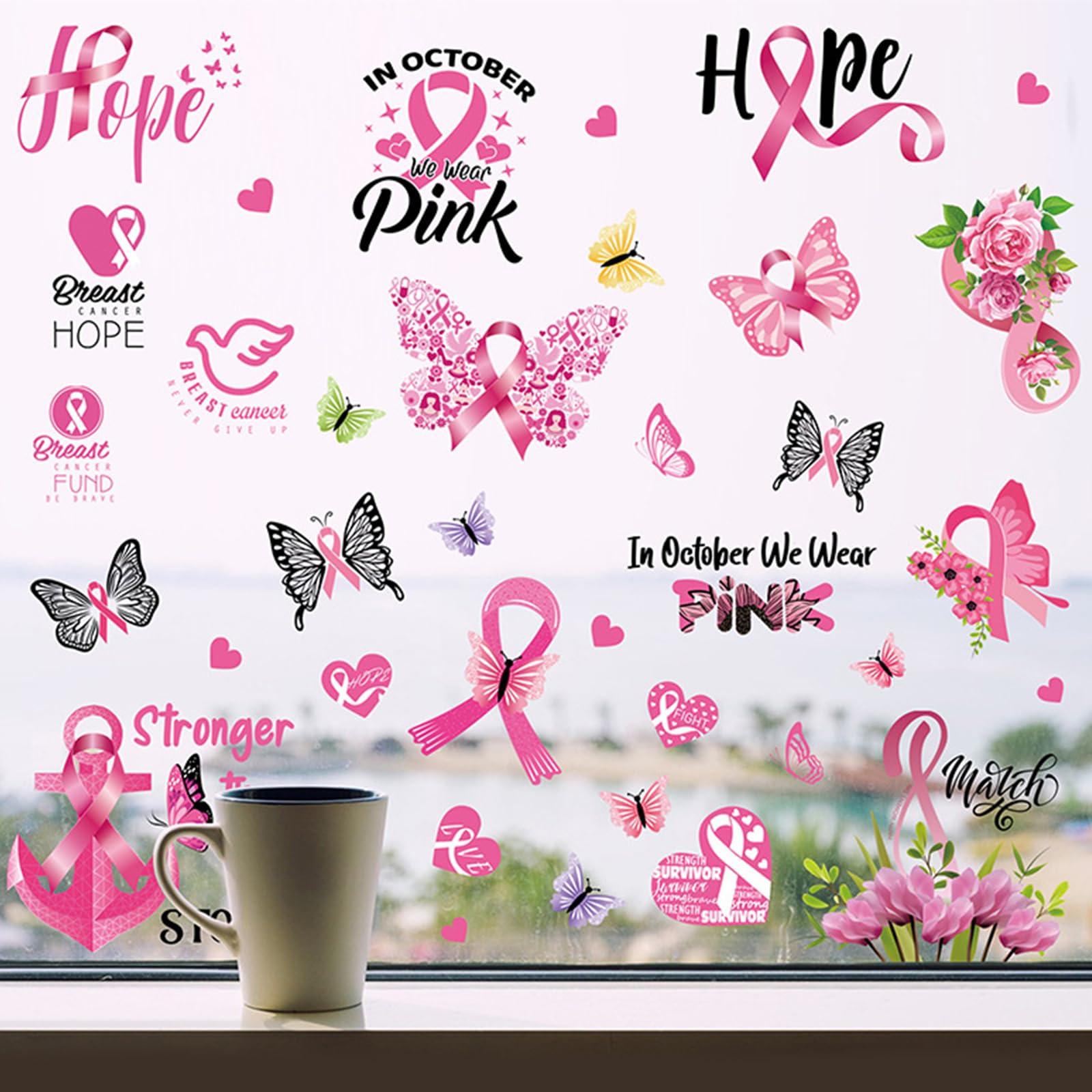 9 Sheets Breast Cancer Awareness Window Clings Pink Bow Static Window Stickers Double-Sided Pink Ribbon Butterfly Flowers Glass Decals for Home Party Decoration โ image 1