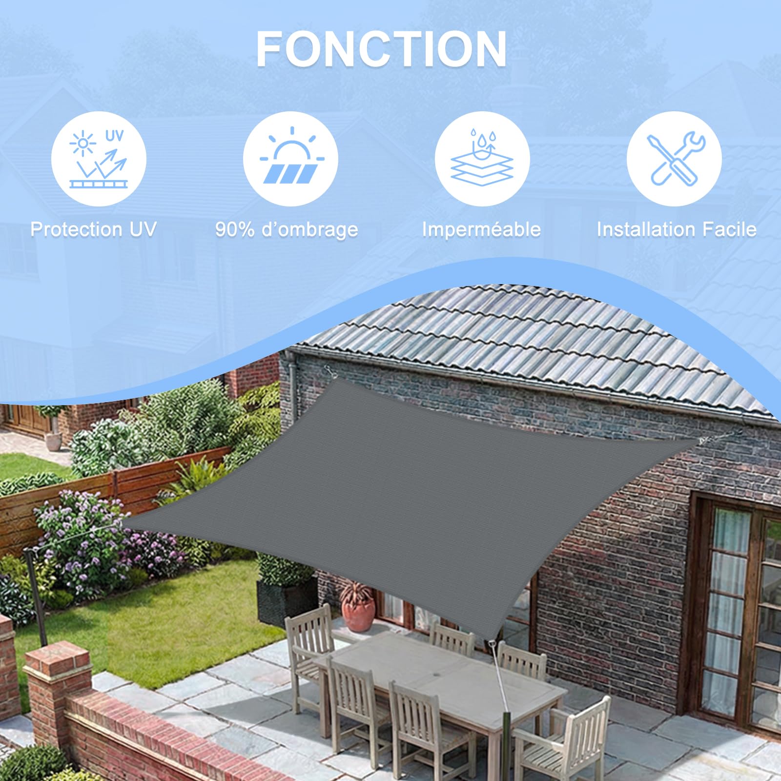 COOL AREA Voile d'ombrage imperméable Rectangle 2x3m Blocage UV Résistant aux intempéries pour Patio Extérieur Jardin Arrière-Cour,Anthracite