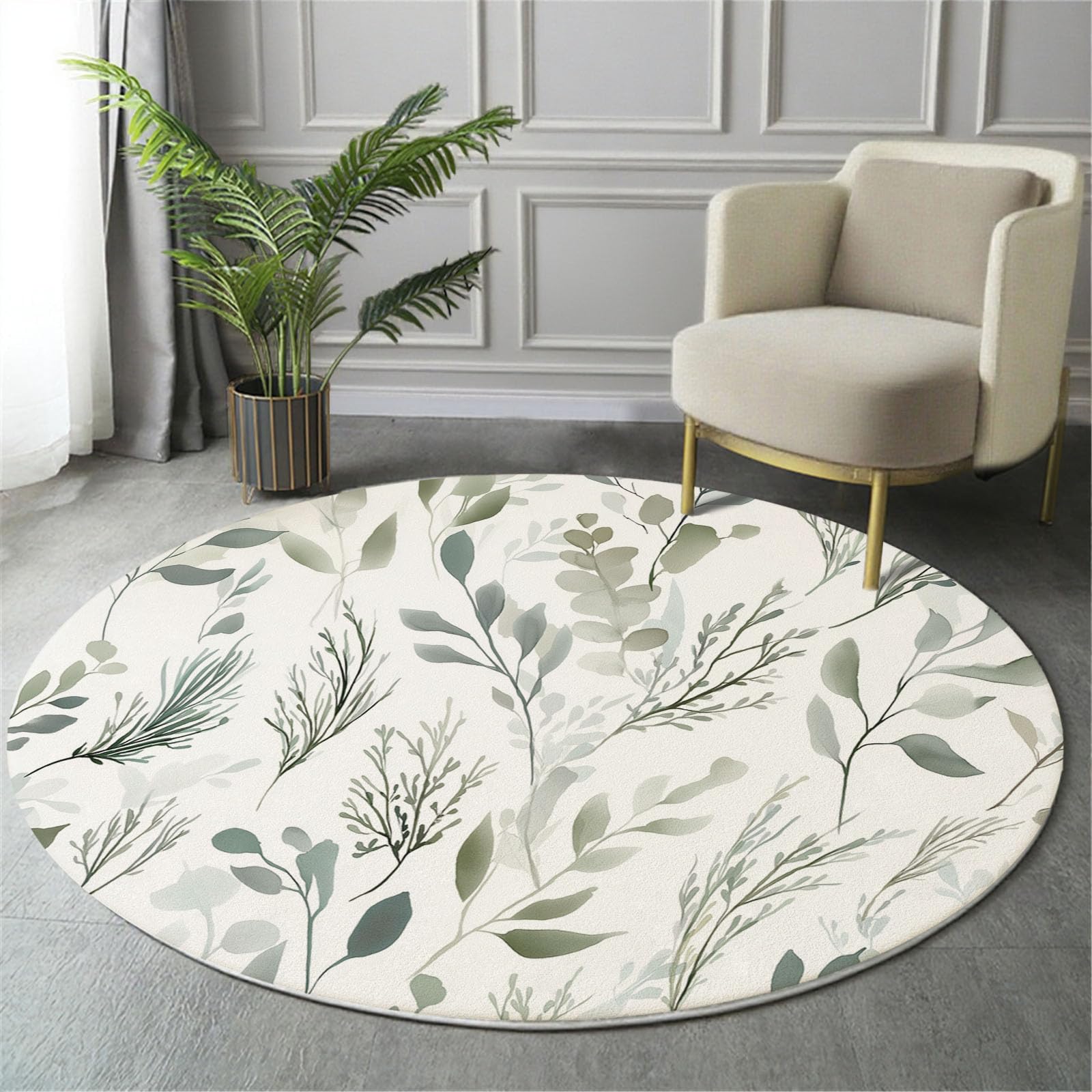 Tapis Rond Déco, Impression de Aquarelle Feuilles Vert Sauge Interieur Antidérapant Tapis Chambre Salle de Jeux pour Enfants, Moquette Doux Absorbant, Gris-Vert, 120cm