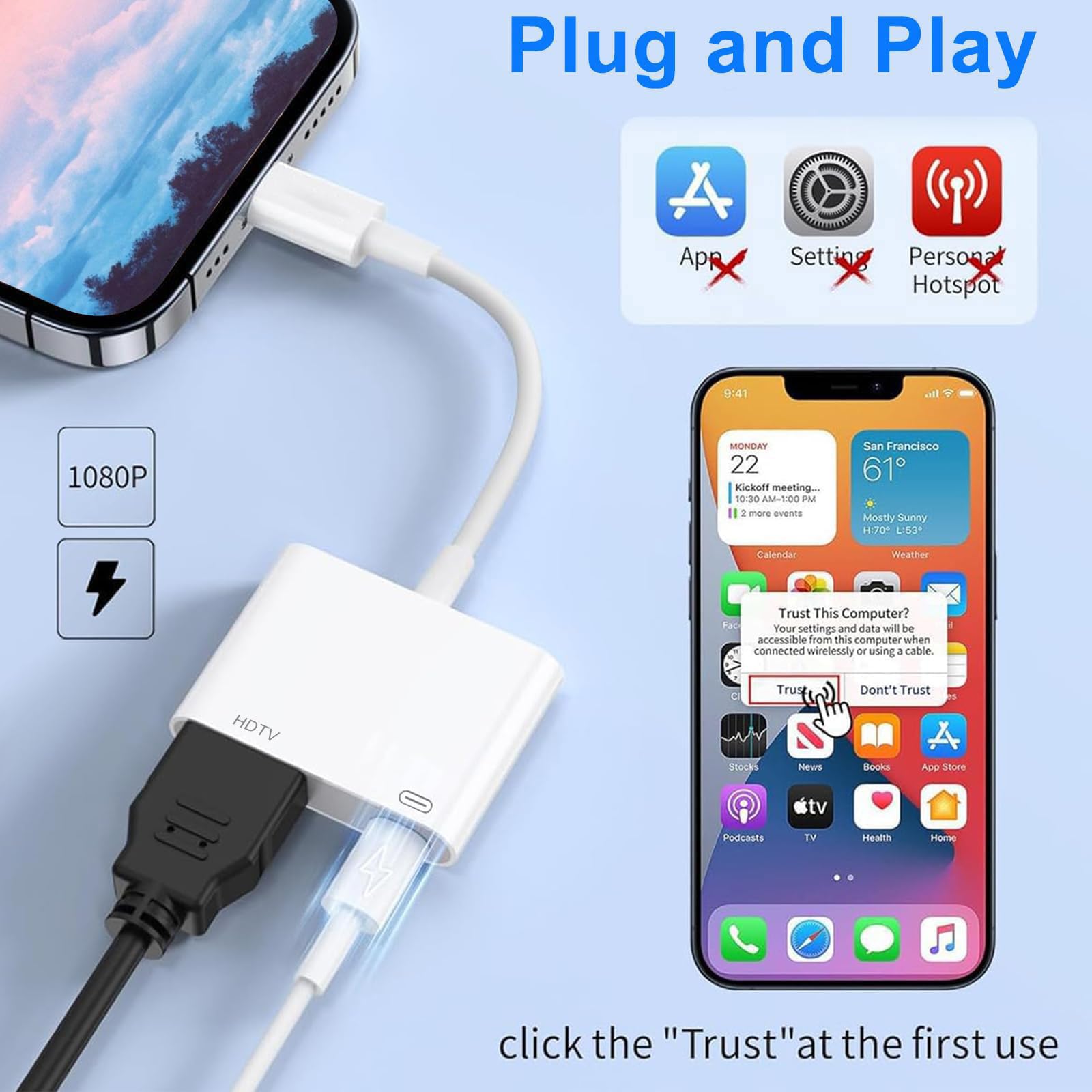 Loydia [Apple MFi Certified] Adaptateur HDMI pour iPhone 1080P Lightning HDMI AV Numérique Adaptateur iPhone HD-MI pour TV/Projecteur/Moniteur/iPad/iPhone14-11 XS, sans Objet pour Netflix
