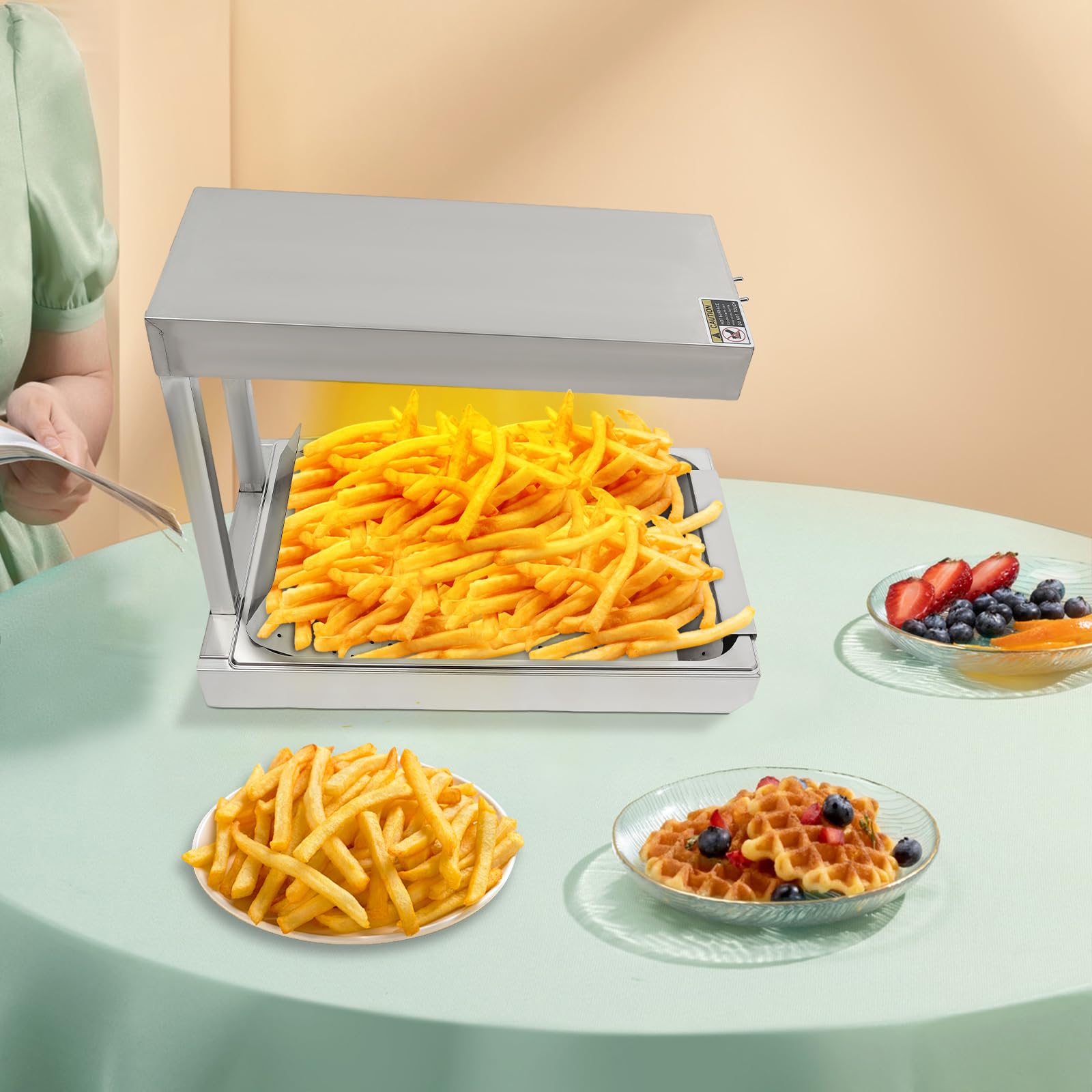 Chauffe-frites, 750 W, 80 °C, 56 x 33 x 46,5 cm, en acier inoxydable, avec lumière au tungstène, pour boulangeries, cafés, fêtes