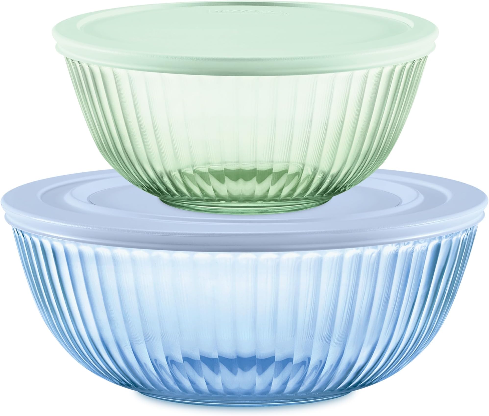Colors (2-Pack) Sculpted Tinted Medium/Large Glass Mixing Bowls With Plastic Lids, Nesting Space Saving Set of Bowls For Prepping and Baking, 2.3QT & 4.5QT