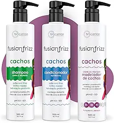 Kit Shampoo, Condicionador e Creme de Pentear Modelador de Cachos Brscience FusionFrizz – Limpeza, Hidratação e Definição Intensa para Cabelos Cacheados 3A, 3B e 3C – 3x500ml