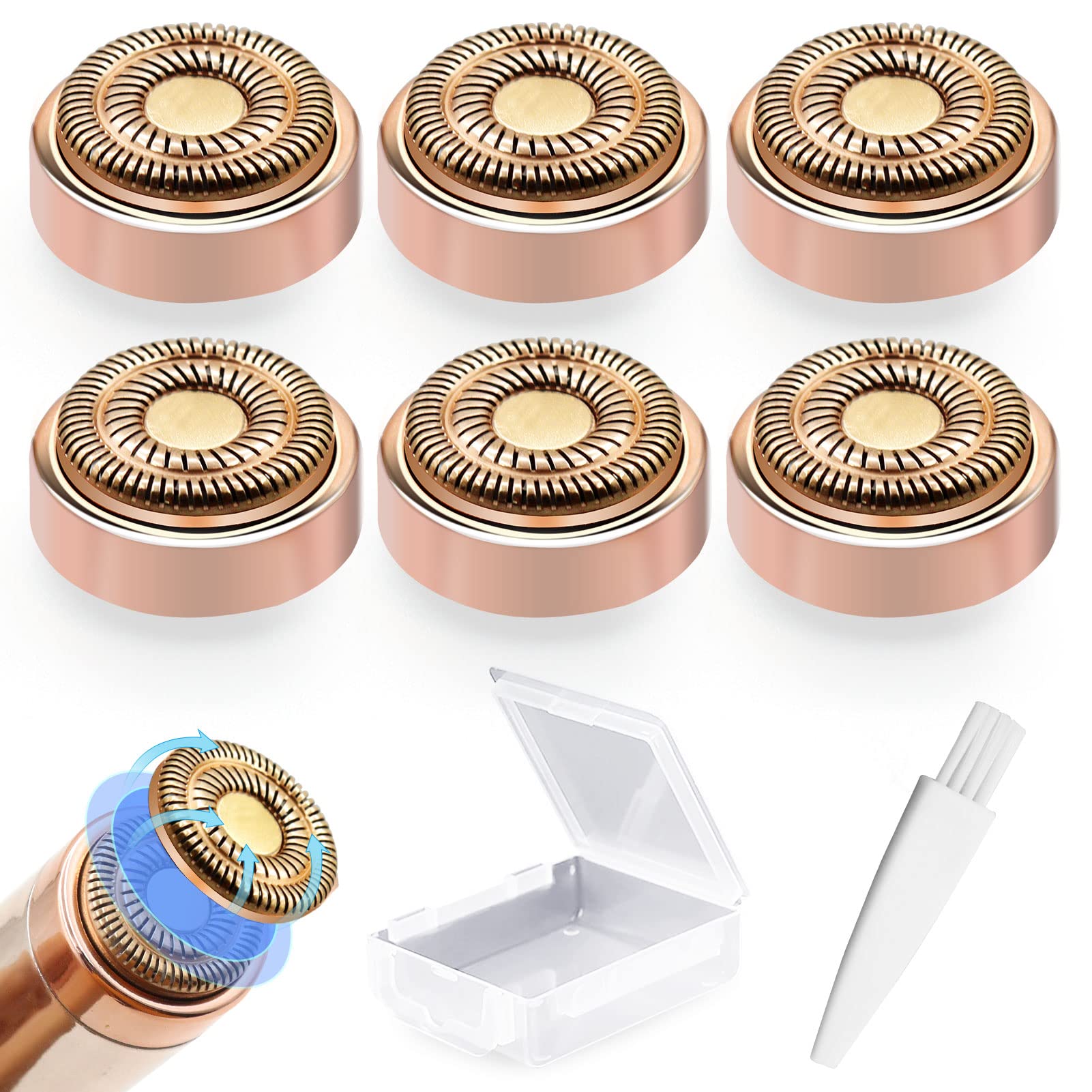 6 Pcs Flawless Replacement Heads, Gen 2 Double Halo Replacement Heads, Compatible with Finishing Touch Flawless Facial Hair Removal Tool As Seen On TV, Gold-Plated, with Cleaning Brush & Case Storage