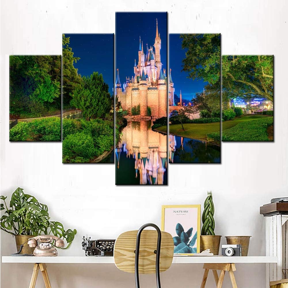Pictures for Girls Room 5 Panel Canvas Wall Art Cinderellas Castle Painting Fairtyle Artwork for Home Decor Modern for Living Room Posters and Prints Framed Gallery-Wrapped Ready to Hang(60''Wx40''H)