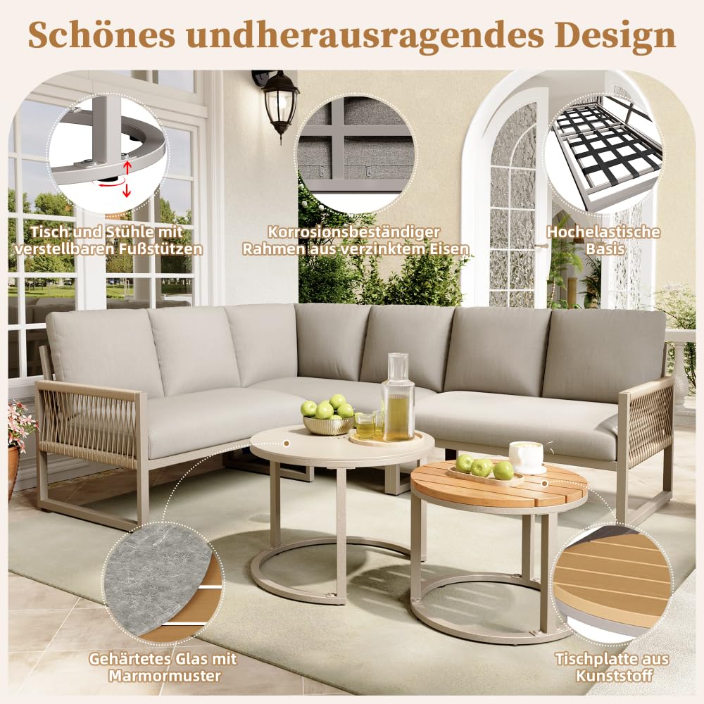 Juego de muebles de jardín para 6-7 personas, sofá esquinero con estructura de hierro galvanizado, patas ajustables, incluye todos los cojines de asiento y respaldo, color beige