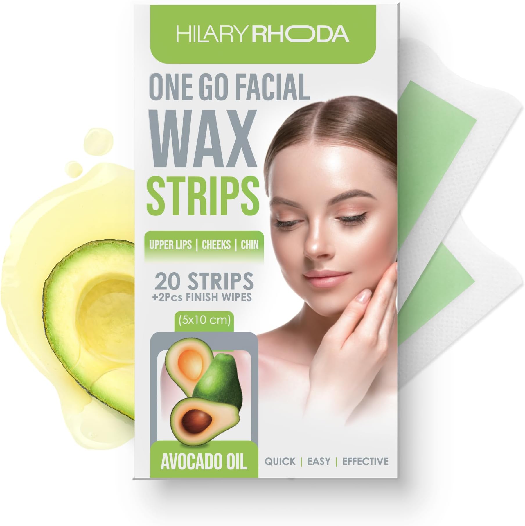 Hilary Rhoda Women One Go Facial Wax Strips | Avocado Oil Extract | Ready-to-Use for Upper Lip, Chin & Cheeks | Hair Removal Strips with 2 Wipes | Painless, Quick & Gentle Waxing | 20 Strips