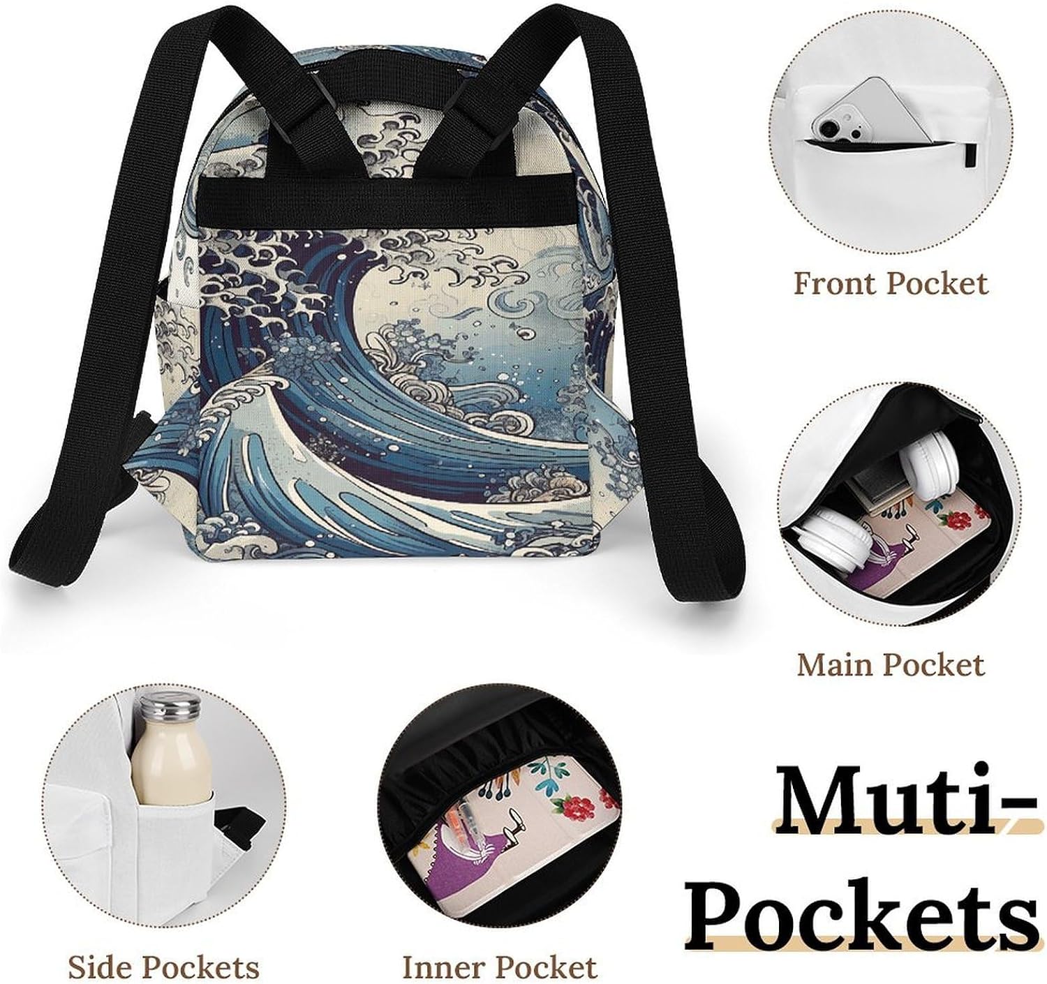 Blue Wave Style Mini Backpack Purse for Women | Waterproof durable oxford cloth casual daypack, lightweight small rucksack for work travel outdoor camping daily use & gift