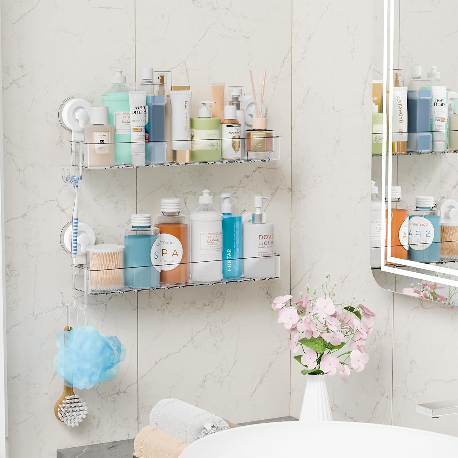 Clear 2 Pack Acrylic Shower Caddy Suction Cup,No Rust Bathroom Organizers and Storage Holder,Plastic Wall Mounted Shower Shelves,Bathtub Storage Organizer,Shampoo and Conditioner Holder for Washroom