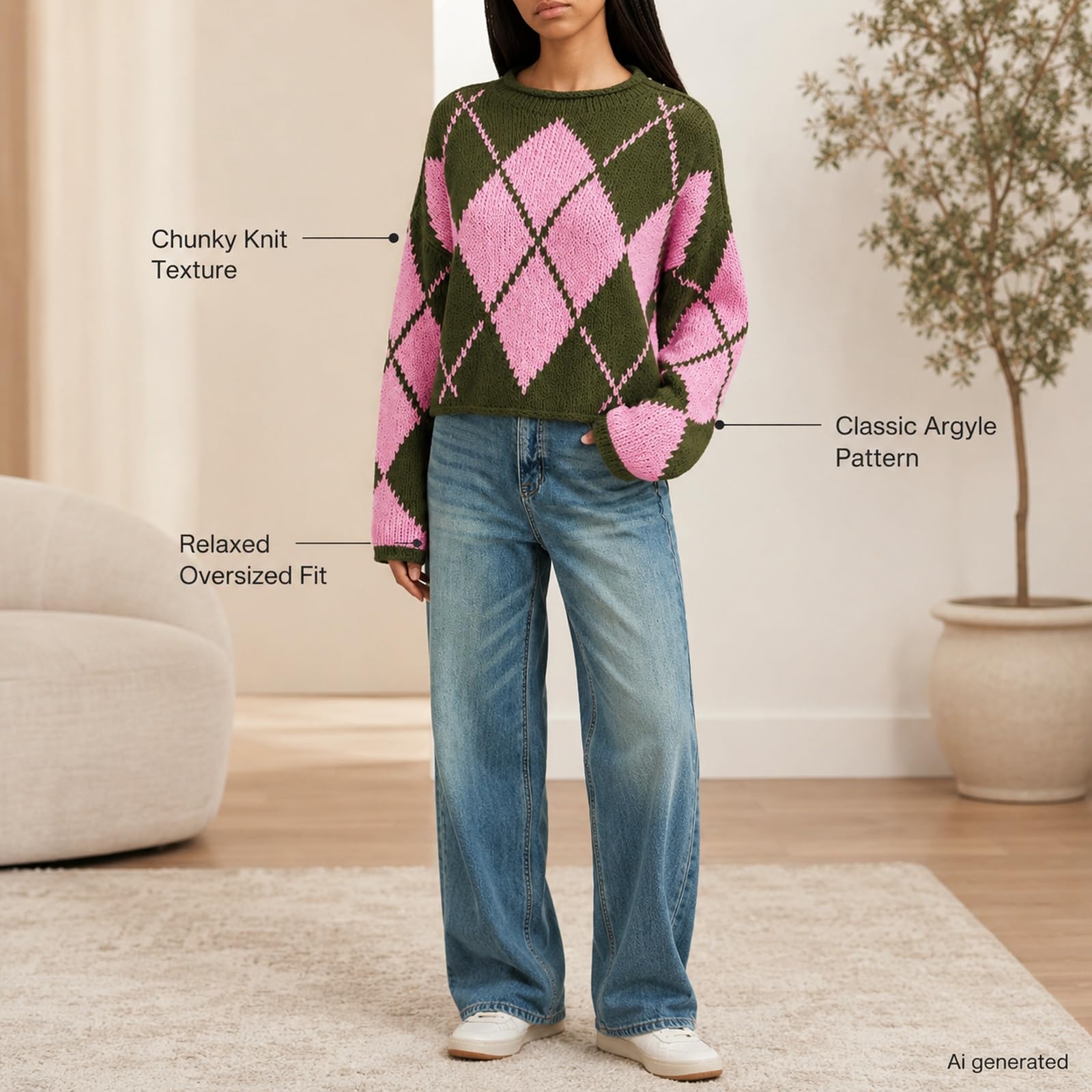 Damski sweter Argyle z okrągłym dekoltem z długim rękawem luźny sweter z