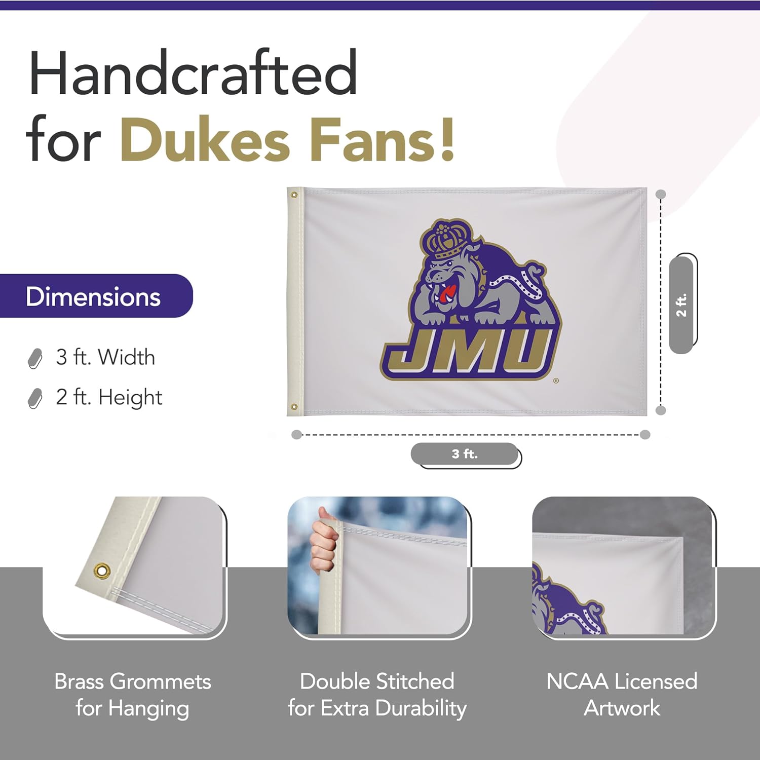 James Madison Dukes College Sports Printed Flag - NCAA Licensed - Nylon - School Banner (White, Gold) (2' x 3') - Image 2