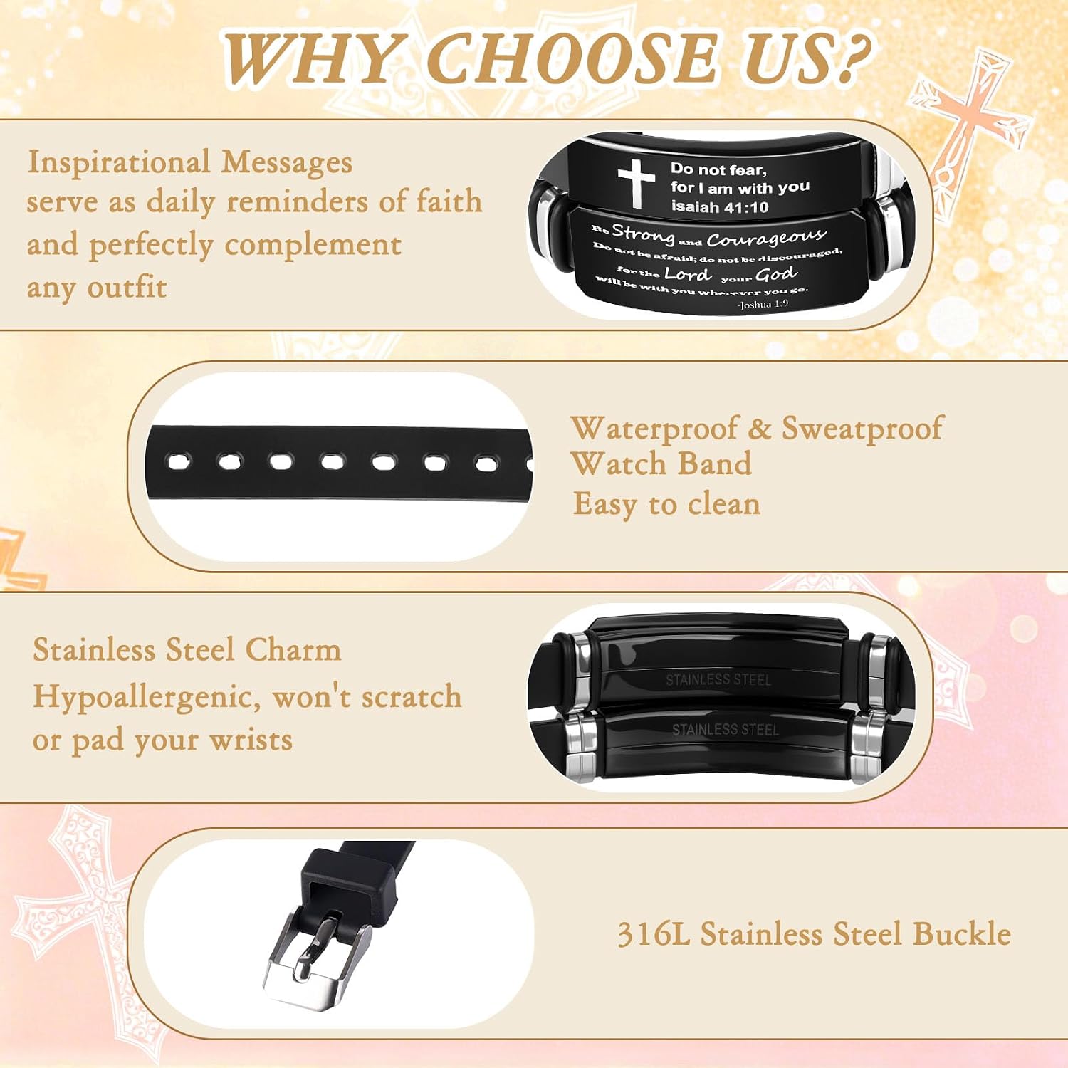 2 Pack Religious Inspirational Quote Cross Bracelets,Powerful Bible Verse Silicone Bracelet, Adjustable Wristband Encouragement Motivational Gifts for Men Women