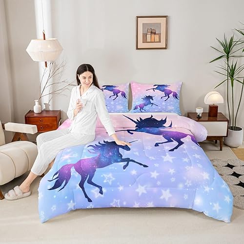 Manfei Juego de edredón con siluetas de unicornio, tamaño King, juego de ropa de cama romántica de cielo estrellado y galaxia, decoración de Navidad