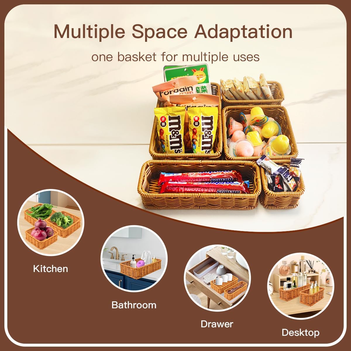 Drawer Organizers- Plastic Rattan Storage Trays for Bedroom, Bathroom, Kitchen, Office, Handwoven organizer, Waterproof and Easy Clean, 1 Set, Caramel Color