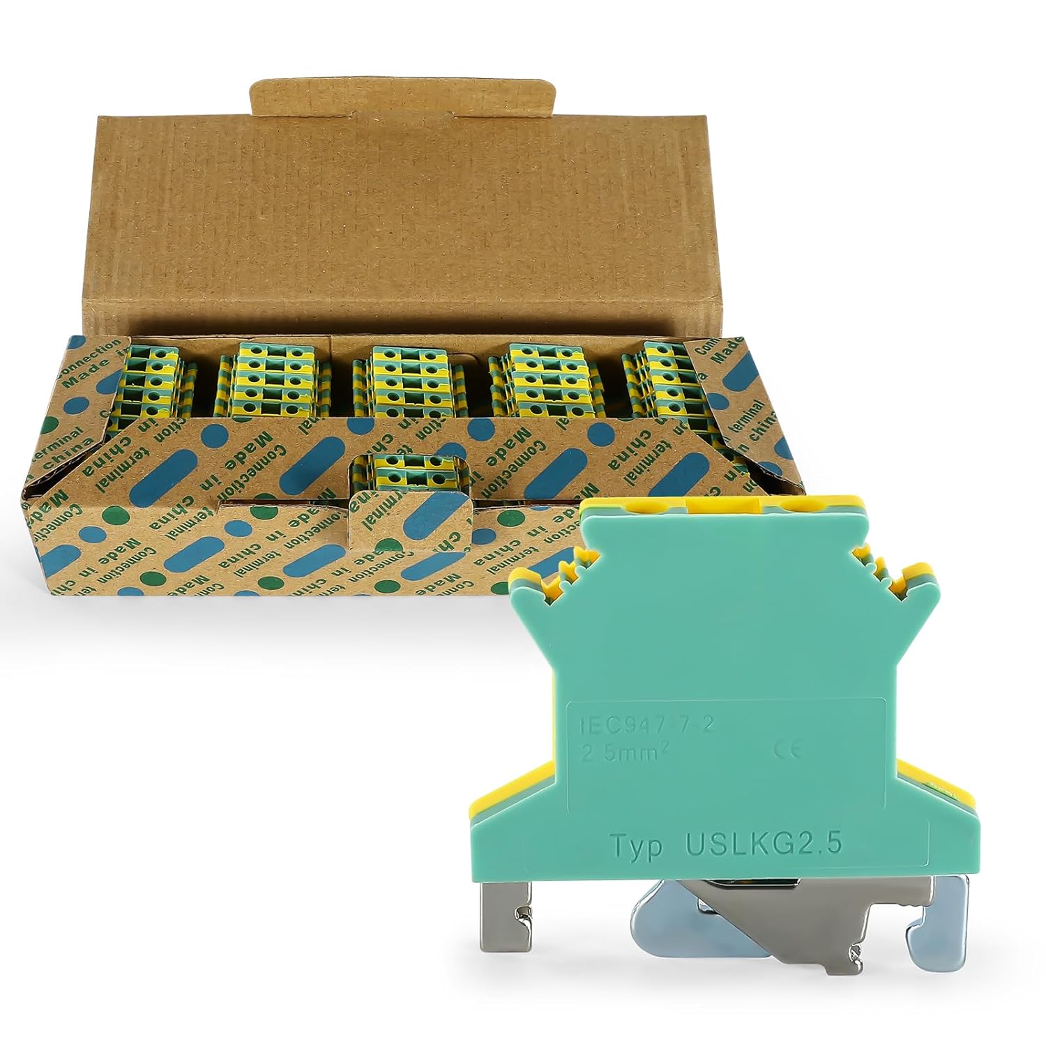 50PCS USLKG2.5 Wire Terminal Block – DIN Rail Ground Terminals for 12-22 AWG Electrical Cabinets Distribution Box, Solar Power System, PLC Industrial Control Automation Panel DIY CNC RV
