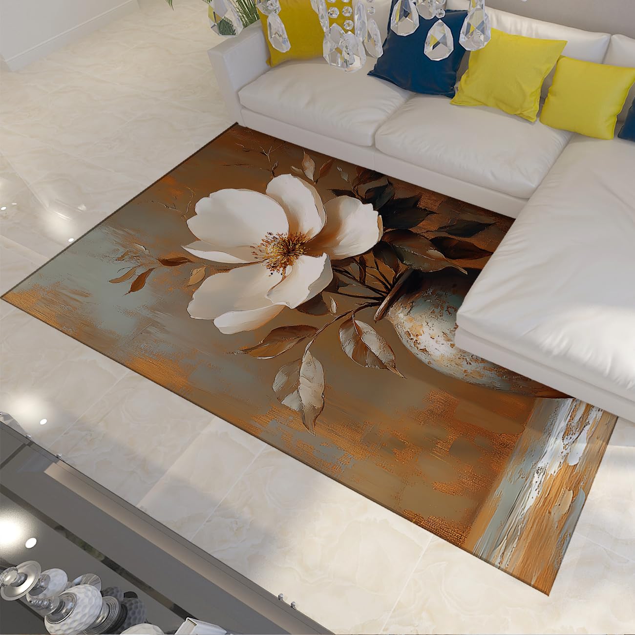 Tapis lavable poil bas fleurs de magnolia 180x200cm entretien facile